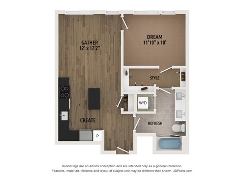 Floor plan for 1 bed, 1 bath, 632 sqft